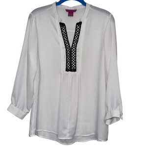 Sunny Leigh White Black‎ Embellished V Neck 3/4 Sleeve Tunic Blouse Women Medium